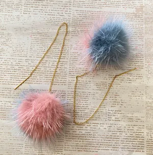 Kawaii faux fur pompom dangle threader earrings✨ thumbnail 1