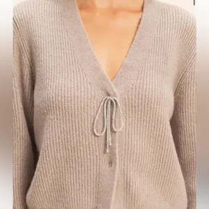 HYFVE Sparkly Bow Embellished Mocha Taupe Cardigan | Holiday Sweater size L thumbnail 5