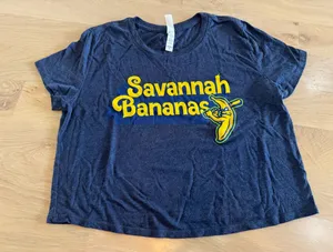 Savannah Bananas Short Sleeve Crop Tee heathered navy blue size medium thumbnail 1
