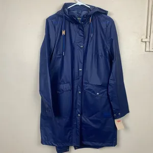 Levi's Blue Rain Jacket Trench Coat Hooded XS Long Line Snap Buttons Waterproof thumbnail 5