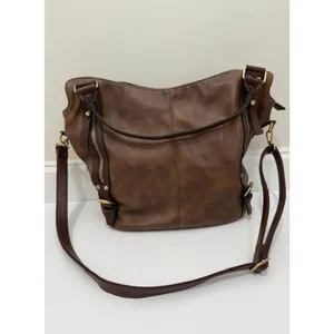 Vegan Leather Bucket Tote Crossbody Bag Brown Gold Hardware thumbnail 3
