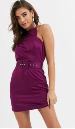 Women’s Purple Halter Neck Belted Mini Dress thumbnail 1