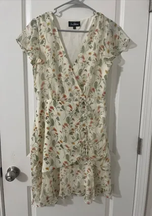 Sam Edelman Ivory Floral Wrap Dress with Green and Orange Print thumbnail 1