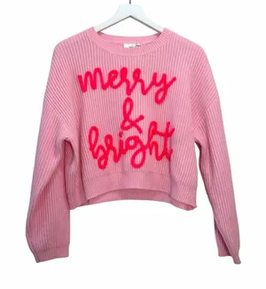 Queen of Sparkles Merry & Bright Pink Cropped Sweater Size XS thumbnail 1
