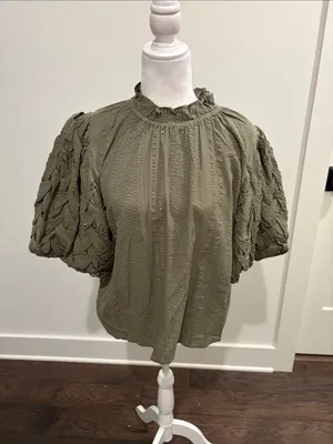 New With Tags THML Puff Sleeve Olive Top Sz S thumbnail 2