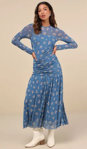 Lulu’s Easy Delight Blue Floral Drop Waist Maxi Dress M thumbnail 1