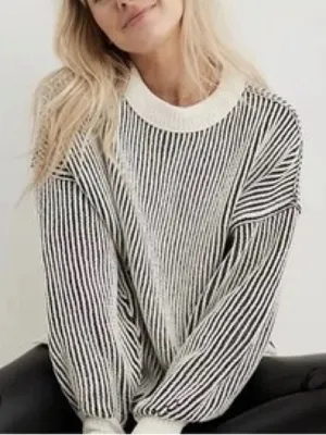 aerie Beyond Chenille Sweater Size XS Oversized Stripe Black White thumbnail 1