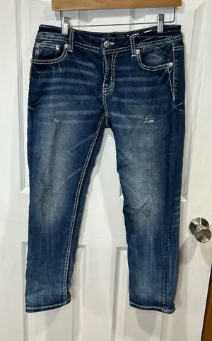 Miss Me Easy Crop Jeans Mid Rise Bling Pocket Denim Inseam 26 thumbnail 1