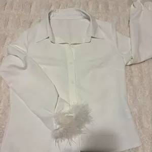 Shein Button Down Shirt with Feather Trim  thumbnail 4