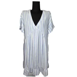 Cupio Babydoll Dress Linen Blend Blue White Stripe Medium Coastal Cottagecore thumbnail 2