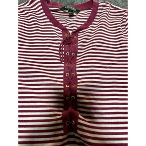 LAUREN Ralph Lauren Lace-Up Corset Henley Red & White Striped Long Sleeve M thumbnail 5