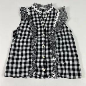Manoush Blouse Womens 6‎ Black White Gingham Ruffle Sleeveless Button Front thumbnail 1