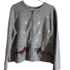 Croft‎ & Barrow Fleece Zip Up Jacket Gray PXL Women Cardinal Snowflake Winter thumbnail 2