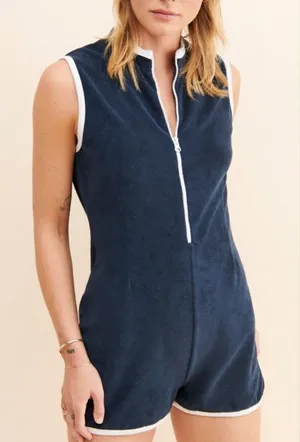 Kule The Serena Romper Navy Blue Terry Cloth Sleeveless Half Zip Size XS thumbnail 1