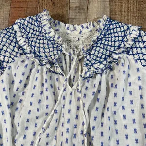 Pilcro Anthropologie Large Blue White Smocked Yoke Tassel Cotton Peasant Blouse thumbnail 3