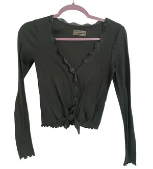 Urban Outfitters Olive Ribbed Lace-Trim Tie-Front Long Sleeve Top thumbnail 1