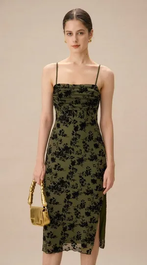 Rihoas Green Jacquard Ruched Slit Midi Dress thumbnail 1