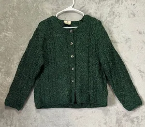 Vintage Irish 100% Wool Cardigan Green Cable Knit Button Front Sweater Medium thumbnail 1