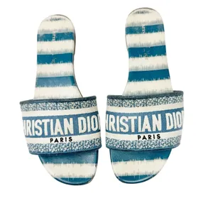 Christian Dior Dway Slides Deep Ocean Blue White Striped Canvas Sandals 37.5 thumbnail 2