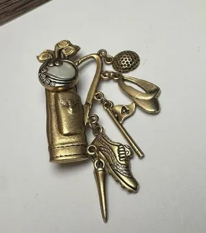 Golf Club Bag With Golfing Charms Brooch Pin Gold Tone thumbnail 9