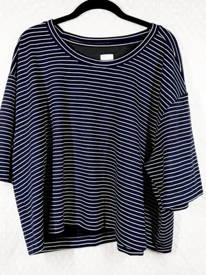 Anthropologie Maeve Dark Blue White Striped Short Sleeve Boxy‎ Top thumbnail 1