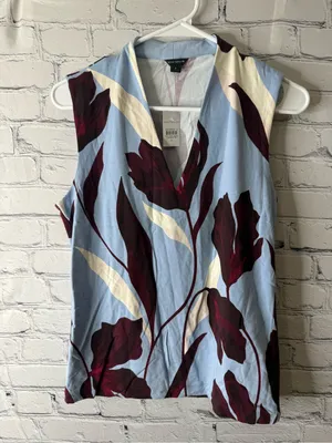 Ann Taylor Sleeveless V-Neck Floral Top - Light Blue & Burgundy medium thumbnail 4