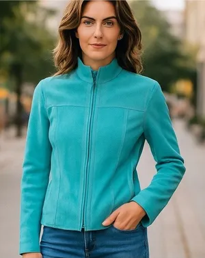 Vtg Yvonne Le Marie Teal Suede Genuine Leather Jacket Size 8 Zip up Lined thumbnail 1