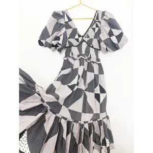 Bohme Brielle Patchwork Midi Dress Size Medium Puff Sleeve Check Plaid Boho thumbnail 12