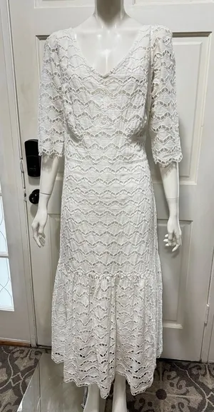 Gretchen Scott little bo peep maxi La Di Da Eyelet Cotton White dress Sz L P-8 thumbnail 1