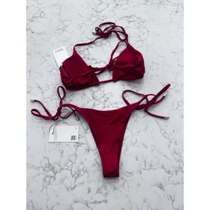 NWT Quince Cherry Red Italian Triangle Bikini Top & Adjustable Side Tie Bottom S thumbnail 2