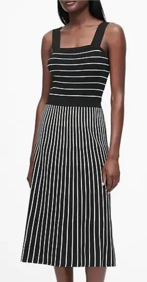 Banana Republic Dress Women's Medium Square Neck Knit Midi Black White Stripe thumbnail 1