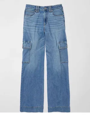 American Eagle Dreamy Drape Stretch Super High-Waisted Cargo Baggy Wide-Leg Jean Sz 10 thumbnail 2