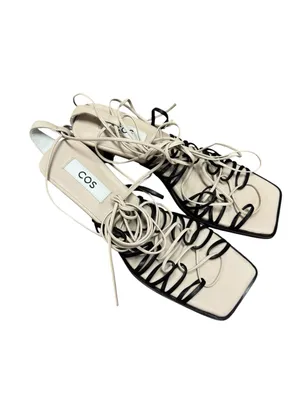 COS Lace Up Strappy Square Toe Sandals Leather Heels Black Cream US 10 EU 41 thumbnail 3