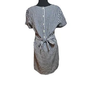 J.McLaughlin Navy Blue White Gingham Linen Cotton Tie Back Dress Size 6 Cottage thumbnail 4