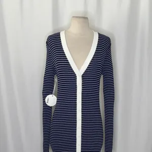 NWT!! STAUD Shoko Stripe Long Sleeve Sweater Dress Navy Blue White Striped Large thumbnail 3