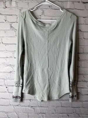 NWT Free People Sage Green Thermal Long Sleeve with Embroidered Cuffs large thumbnail 7