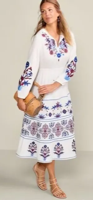 Soft Surroundings Sarnia Embroidered Midi Cotton Gauze Dress Medium Boho thumbnail 1