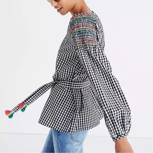 Madewell Smocked Black & White Checkered Gingham Tassel Top with Embroidery S thumbnail 7