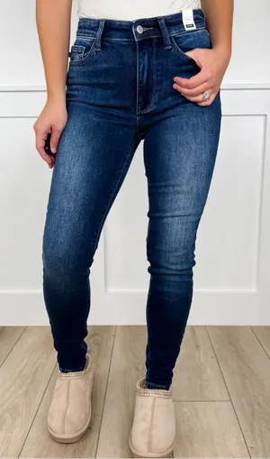 Judy Blue Haven Mid-Rise Thermal Skinny Dark Wash Jeans thumbnail 1