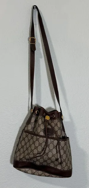 Authentic GUCCI Brown & Cream GG Supreme Monogram Drawstring Shoulder Bag Purse thumbnail 1