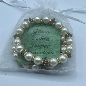 Artisan made set of 2 green zebra Jasper stretchy bracelets thumbnail 5