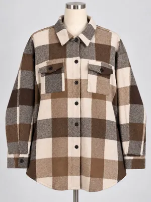 Womens XL Brown Cream Plaid Flannel Shacket Oversized Button Down Shirt thumbnail 1