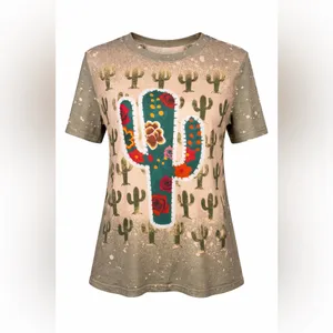 Stylish Cactus Print Women's Top Green Size M thumbnail 2