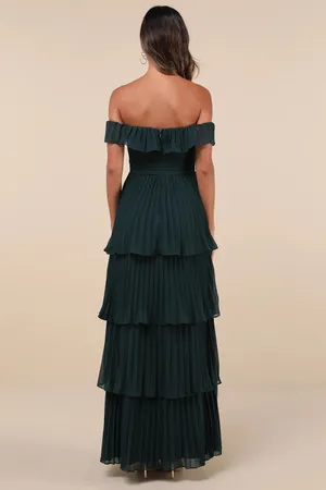 Lulus Always Remarkable Emerald Pleated Off-the-Shoulder Maxi Dress thumbnail 2