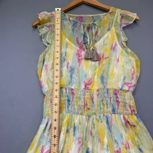 Anthropologie Watercolor Maxi Dress Yellow‎ Pink Blue Smocked Waist Size 4 thumbnail 5
