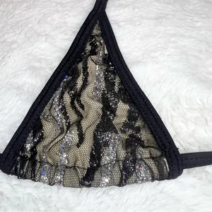 Black Mesh Silver Glitter Sequin Tiny Triangle String Bikini Top Size Small thumbnail 6