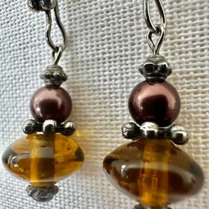 Handmade Boho Amber Glass & faux Pearl Drop Earrings thumbnail 3