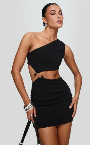 Princess Polly Hardward one shoulder black cut out mini dress with buckle detail thumbnail 1