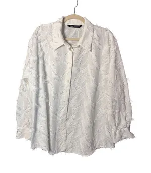 Zara Womens Button Up Shirt XL White Feather Eyelash Fringe Boho Ethereal Bridal thumbnail 1