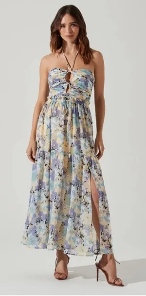 ASTR The Label Women's Rozina Blue‎ Green Floral Cutout Lined Maxi Dress thumbnail 1